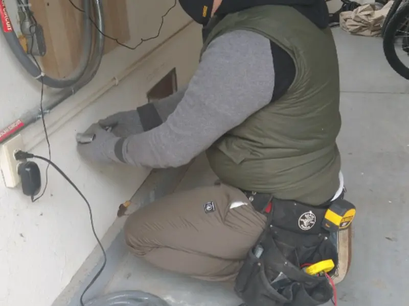 Electrician performing outlet wiring in a Graham garage